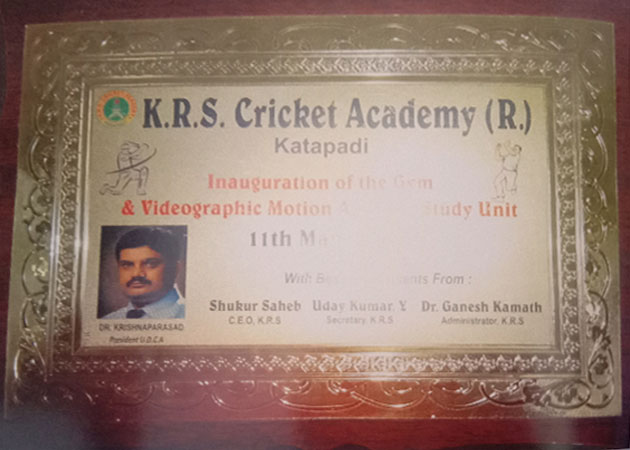 Felicitated by K.R.S Cricket Academy Udupi 2015